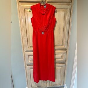 Vintage Evelyn Modell Red Maxi Evening Dress with Embellished Waist